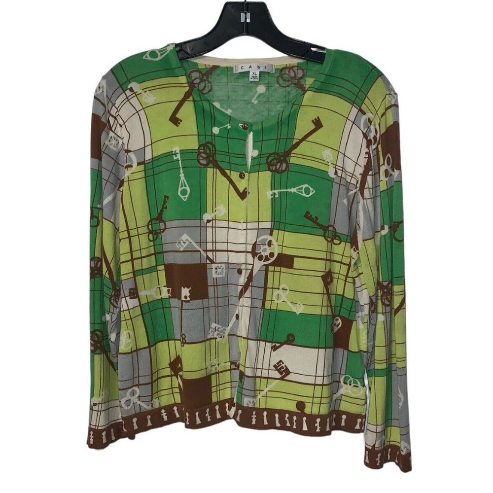 Cabi Cardigan Sweater 100 Cotton Yellow Green Skeleton Key Pattern Size XL READ